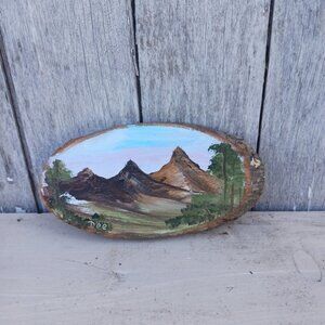 Hand Painted Wood Edge Slab Mountain Scenery Art Signed Fridge Magnet